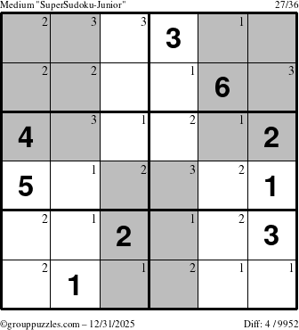 The grouppuzzles.com Medium SuperSudoku-Junior puzzle for Wednesday December 31, 2025 with the first 3 steps marked
