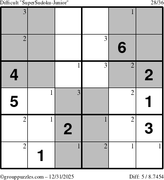 The grouppuzzles.com Difficult SuperSudoku-Junior puzzle for Wednesday December 31, 2025 with the first 3 steps marked
