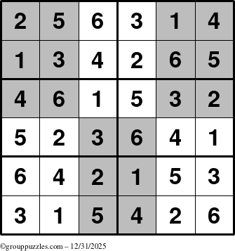 The grouppuzzles.com Answer grid for the SuperSudoku-Junior puzzle for Wednesday December 31, 2025