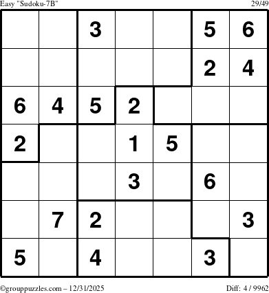 The grouppuzzles.com Easy Sudoku-7B puzzle for Wednesday December 31, 2025
