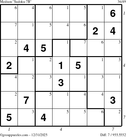 The grouppuzzles.com Medium Sudoku-7B puzzle for Wednesday December 31, 2025 with all 7 steps marked