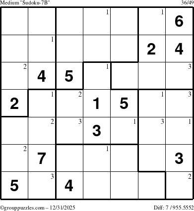 The grouppuzzles.com Medium Sudoku-7B puzzle for Wednesday December 31, 2025 with the first 3 steps marked