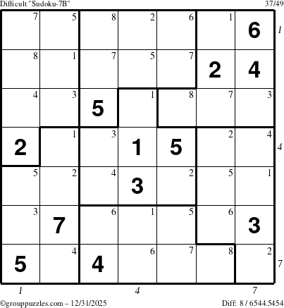 The grouppuzzles.com Difficult Sudoku-7B puzzle for Wednesday December 31, 2025 with all 8 steps marked