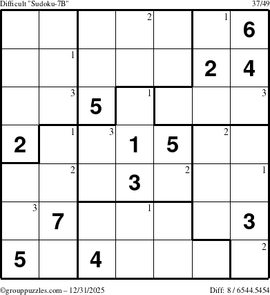 The grouppuzzles.com Difficult Sudoku-7B puzzle for Wednesday December 31, 2025 with the first 3 steps marked