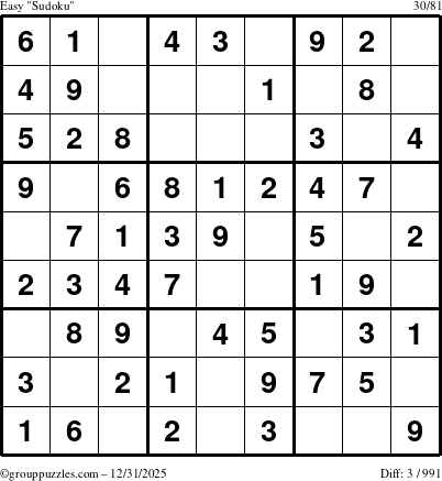 The grouppuzzles.com Easy Sudoku puzzle for Wednesday December 31, 2025