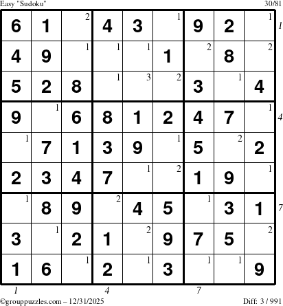 The grouppuzzles.com Easy Sudoku puzzle for Wednesday December 31, 2025 with all 3 steps marked
