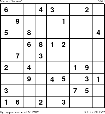 The grouppuzzles.com Medium Sudoku puzzle for Wednesday December 31, 2025