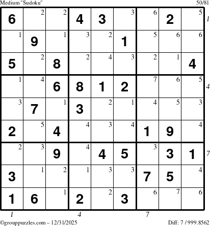 The grouppuzzles.com Medium Sudoku puzzle for Wednesday December 31, 2025 with all 7 steps marked