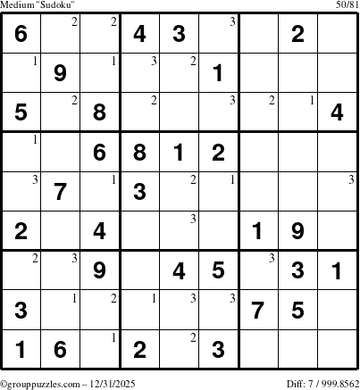 The grouppuzzles.com Medium Sudoku puzzle for Wednesday December 31, 2025 with the first 3 steps marked