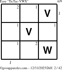 The grouppuzzles.com Easy TicTac-VWX puzzle for Wednesday December 31, 2025 with all 2 steps marked