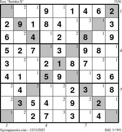The grouppuzzles.com Easy Sudoku-X puzzle for Wednesday December 31, 2025 with all 3 steps marked