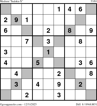 The grouppuzzles.com Medium Sudoku-X puzzle for Wednesday December 31, 2025