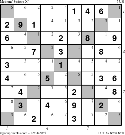 The grouppuzzles.com Medium Sudoku-X puzzle for Wednesday December 31, 2025 with all 8 steps marked