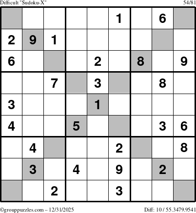 The grouppuzzles.com Difficult Sudoku-X puzzle for Wednesday December 31, 2025