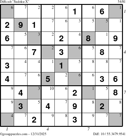 The grouppuzzles.com Difficult Sudoku-X puzzle for Wednesday December 31, 2025 with all 10 steps marked
