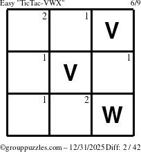 The grouppuzzles.com Easy TicTac-VWX puzzle for Wednesday December 31, 2025 with the first 2 steps marked