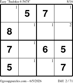 The grouppuzzles.com Easy Sudoku-4-5678 puzzle for Friday June 5, 2026 with the first 2 steps marked