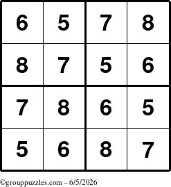 The grouppuzzles.com Answer grid for the Sudoku-4-5678 puzzle for Friday June 5, 2026