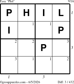 The grouppuzzles.com Easy Phil puzzle for Friday June 5, 2026, suitable for printing, with all 3 steps marked
