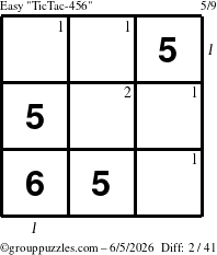 The grouppuzzles.com Easy TicTac-456 puzzle for Friday June 5, 2026 with all 2 steps marked