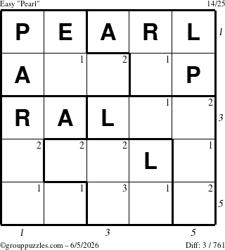The grouppuzzles.com Easy Pearl puzzle for Friday June 5, 2026 with all 3 steps marked