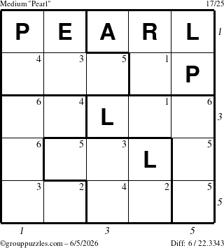 The grouppuzzles.com Medium Pearl puzzle for Friday June 5, 2026, suitable for printing, with all 6 steps marked