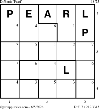 The grouppuzzles.com Difficult Pearl puzzle for Friday June 5, 2026 with all 7 steps marked