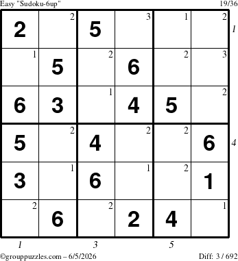 The grouppuzzles.com Easy Sudoku-6up puzzle for Friday June 5, 2026, suitable for printing, with all 3 steps marked