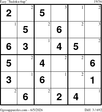 The grouppuzzles.com Easy Sudoku-6up puzzle for Friday June 5, 2026 with the first 3 steps marked