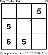 The grouppuzzles.com Easy TicTac-456 puzzle for Friday June 5, 2026 with the first 2 steps marked