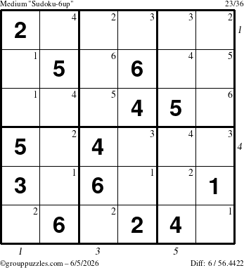 The grouppuzzles.com Medium Sudoku-6up puzzle for Friday June 5, 2026, suitable for printing, with all 6 steps marked