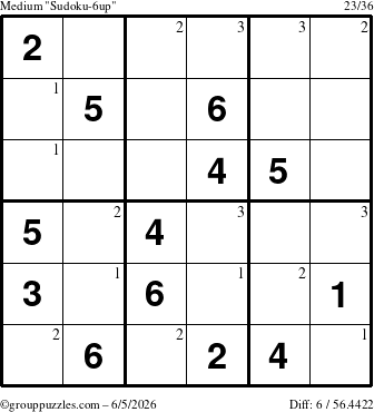 The grouppuzzles.com Medium Sudoku-6up puzzle for Friday June 5, 2026 with the first 3 steps marked
