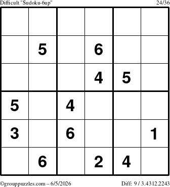 The grouppuzzles.com Difficult Sudoku-6up puzzle for Friday June 5, 2026