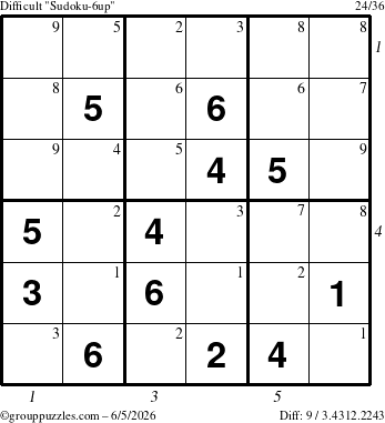 The grouppuzzles.com Difficult Sudoku-6up puzzle for Friday June 5, 2026, suitable for printing, with all 9 steps marked