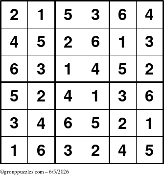 The grouppuzzles.com Answer grid for the Sudoku-6up puzzle for Friday June 5, 2026