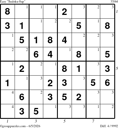 The grouppuzzles.com Easy Sudoku-8up puzzle for Friday June 5, 2026 with all 4 steps marked