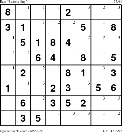 The grouppuzzles.com Easy Sudoku-8up puzzle for Friday June 5, 2026 with the first 3 steps marked