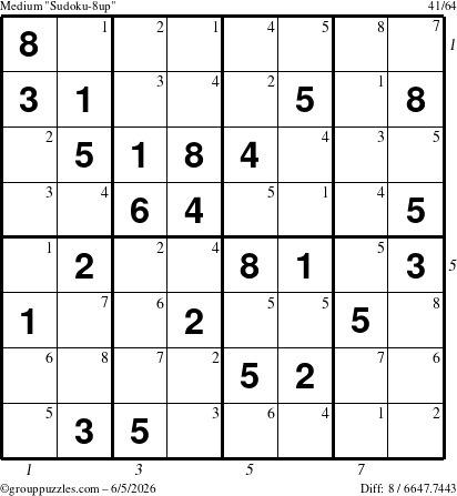 The grouppuzzles.com Medium Sudoku-8up puzzle for Friday June 5, 2026, suitable for printing, with all 8 steps marked