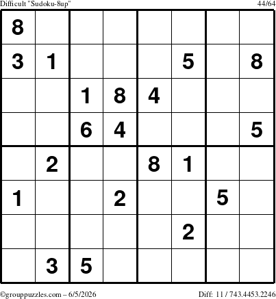 The grouppuzzles.com Difficult Sudoku-8up puzzle for Friday June 5, 2026
