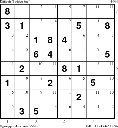 The grouppuzzles.com Difficult Sudoku-8up puzzle for Friday June 5, 2026, suitable for printing, with all 11 steps marked