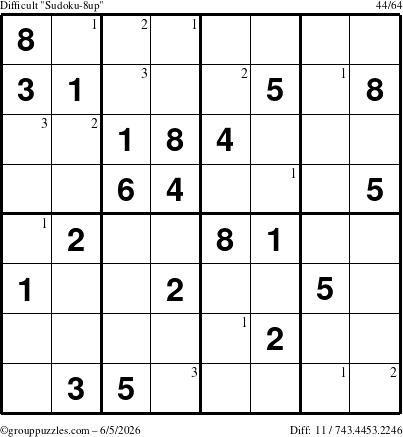 The grouppuzzles.com Difficult Sudoku-8up puzzle for Friday June 5, 2026 with the first 3 steps marked