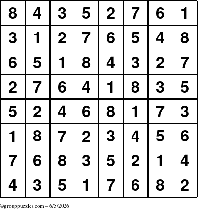 The grouppuzzles.com Answer grid for the Sudoku-8up puzzle for Friday June 5, 2026