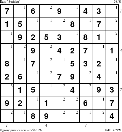 The grouppuzzles.com Easy Sudoku puzzle for Friday June 5, 2026 with all 3 steps marked