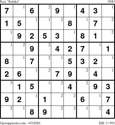 The grouppuzzles.com Easy Sudoku puzzle for Friday June 5, 2026 with the first 3 steps marked