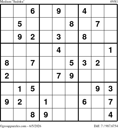 The grouppuzzles.com Medium Sudoku puzzle for Friday June 5, 2026