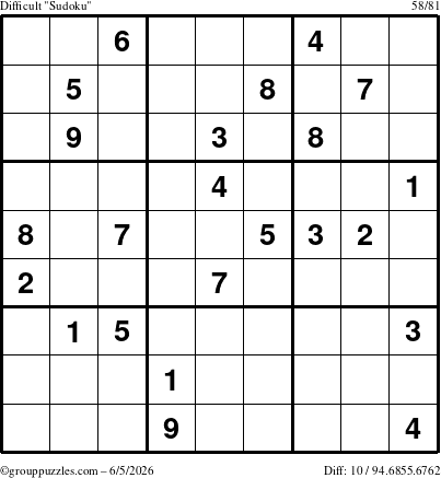 The grouppuzzles.com Difficult Sudoku puzzle for Friday June 5, 2026