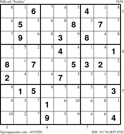 The grouppuzzles.com Difficult Sudoku puzzle for Friday June 5, 2026 with all 10 steps marked