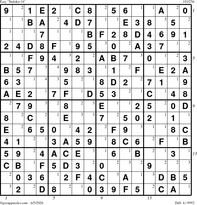 The grouppuzzles.com Easy Sudoku-16 puzzle for Friday June 5, 2026, suitable for printing, with all 4 steps marked