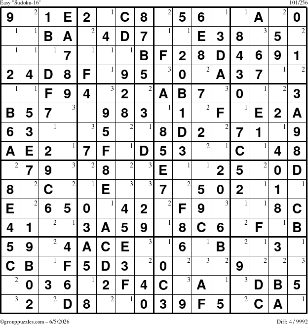 The grouppuzzles.com Easy Sudoku-16 puzzle for Friday June 5, 2026 with the first 3 steps marked