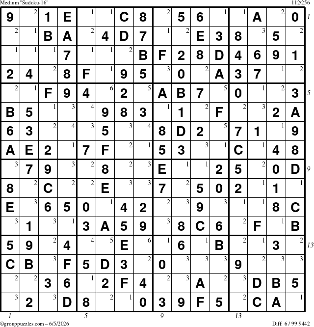 The grouppuzzles.com Medium Sudoku-16 puzzle for Friday June 5, 2026, suitable for printing, with all 6 steps marked